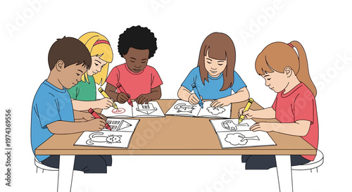 Children sitting at a table drawing.