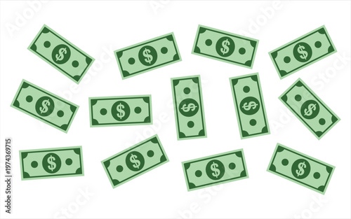 Scattered green paper dollar banknotes on a white background