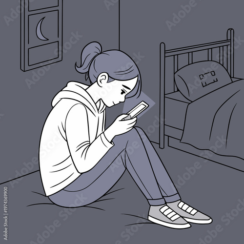 Social Media Addicted Teen Scrolling Phone Late Night Dark Room Vector Illustration