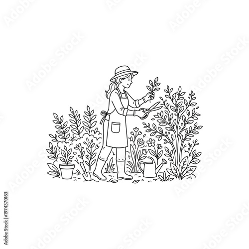 Woman tending to various potted plants.