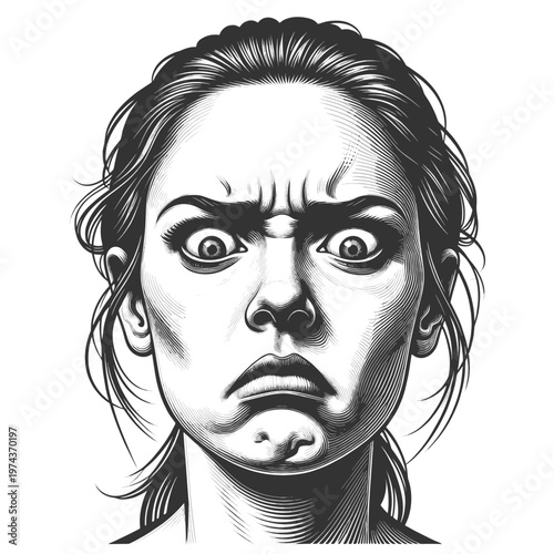 woman with wide eyes and tense expression, conveying fear, shock, or intense emotional reaction sketch engraving generative ai vector illustration. Scratch board imitation. Black and white image.