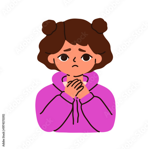 Sad worried girl feeling regret or shame. Shy, confused child with anxiety and guilt expression, sorry emotion. Vulnerable modest kid character. Flat vector illustration isolated on white background