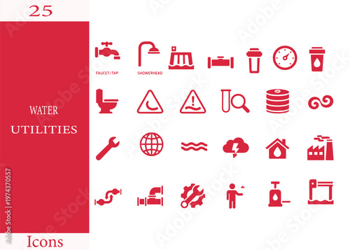 water utilities icons set on red background