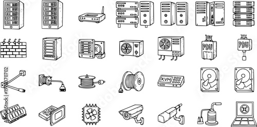 Technology Icons: Server Racks, Network Equipment, Hard Drives, CCTV, Cables in Black and White Line Art