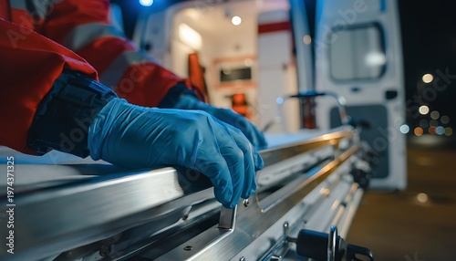 Close up of gloved hands in blue nitrile gloves performing precise maintenance on shiny metallic aircraft components inside a well lit modern hangar with blurred background equipment