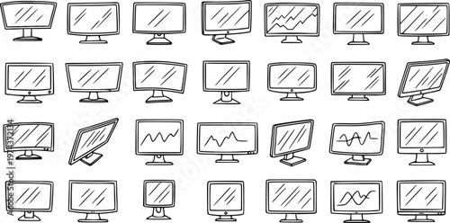 Black and White Line Art of Various Computer Monitors and Screens