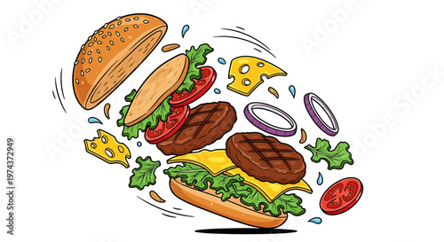 Burger ingredients flying in air including buns cheese lettuce tomato