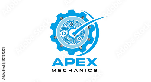Blue gear logo with checkmark and text on white background