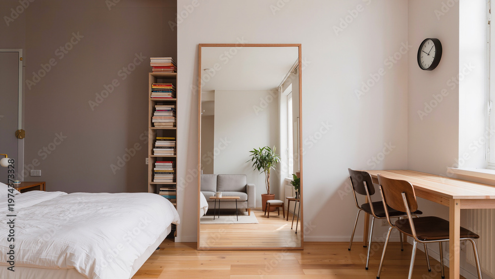 Fototapeta premium Modern Bedroom with Large Mirror and Wooden Furniture.