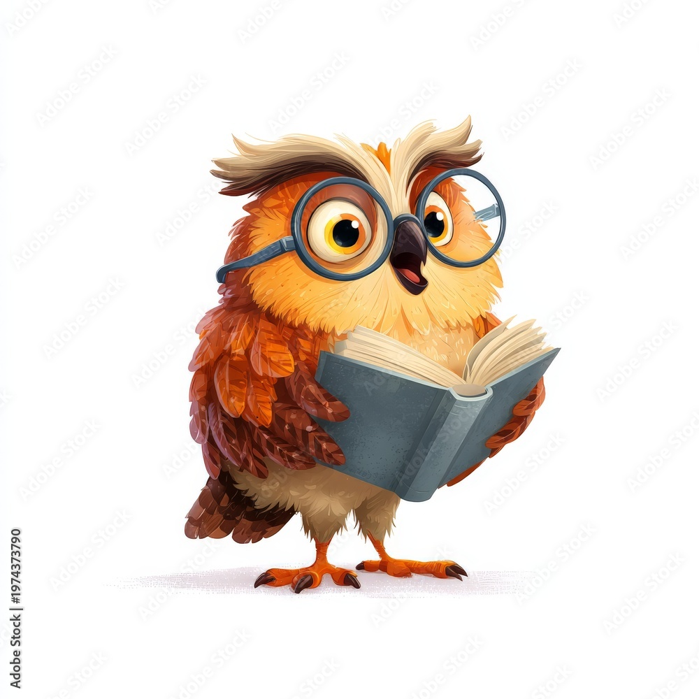 Naklejka premium a cute cartoon illustration of an owl wearing glasses reading a book