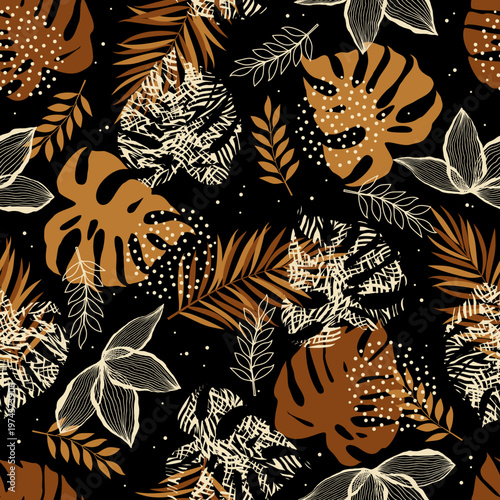 Brown pattern with tropical leaves and abstract strokes. Monstera pattern