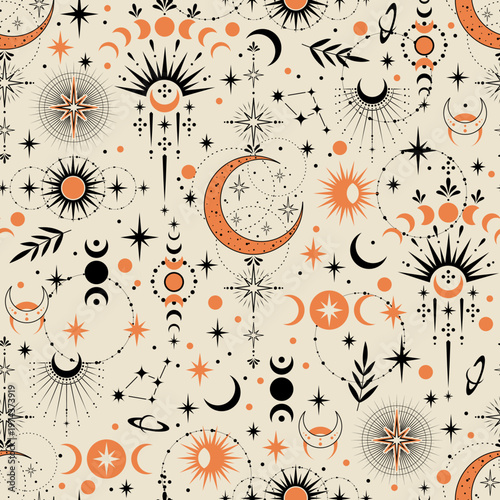 Magic seamless vector pattern with moons and stars. Boho pattern for astrology, esoteric, tarot, mystic and magic. 