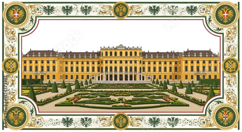 vector illustration of a historical palace with gardens, colorful, modern, digital art, abstract background