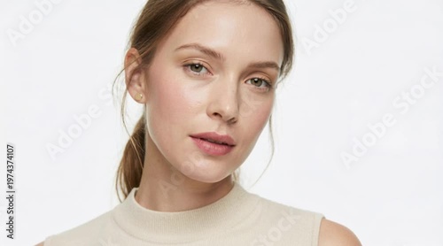 A young Caucasian woman with long brown hair and a neutral expression. She wears a light beige top and has minimal makeup, showcasing a natural look.