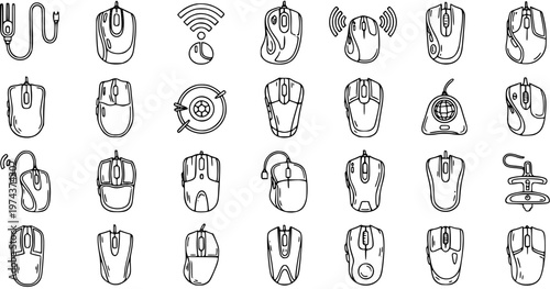 Diverse collection of computer mice icons in black and white line art, technology theme