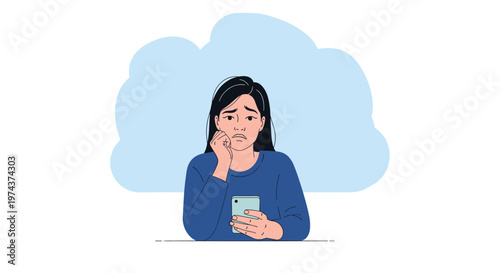 Concerned woman looking at her smartphone with a worried expression against a soft cloud-like blue background.