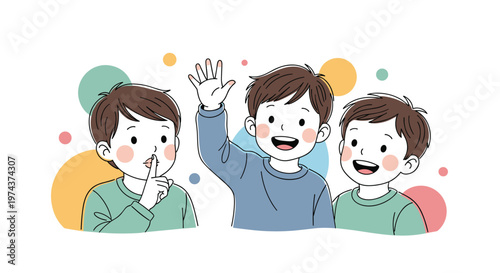Three happy young boys together, one raising his hand to speak while another holds a finger to his lips for silence.