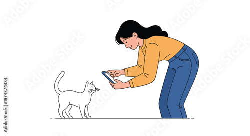 Young woman leaning forward to take a photo of a white cat using her smartphone, captured in a clean minimalist style.