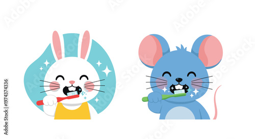 Cute cartoon bunny and mouse characters demonstrating proper dental hygiene by brushing their teeth with toothbrushes and toothpaste.