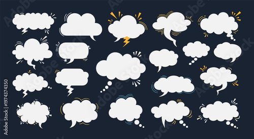 Large set of white comic speech and thought bubbles in various shapes and sizes on a dark blue background.