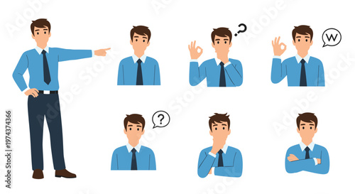 Businessman in various poses and expressions including pointing, thinking, OK gesture, and feeling confused or doubtful.
