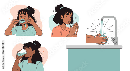 Girl demonstrating a morning hygiene routine including gargling, washing her face, drinking water, and washing her hands.
