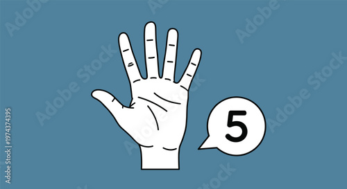 Human hand holding up five fingers with a speech bubble containing the number five against a dark blue background.