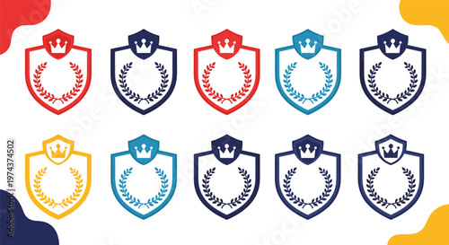 Collection of colorful shield badges featuring crown and laurel wreath symbols for achievements and award recognition.