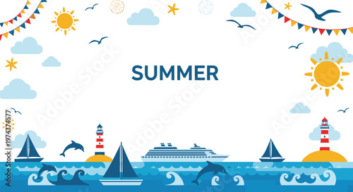 Vibrant summer background featuring nautical elements like sailboats, cruise ships, lighthouses, and jumping dolphins.