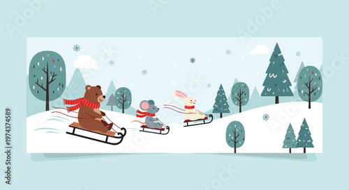 Cute winter banner showing a bear, mouse, and rabbit sliding down a snowy hill on sleds amidst a pine forest.
