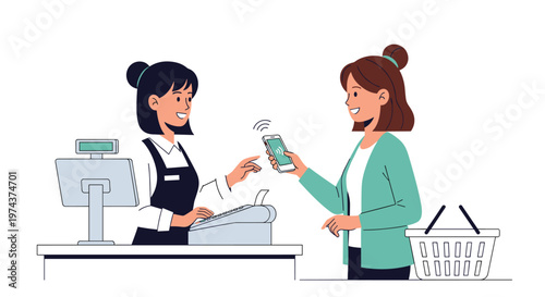 Young woman using her smartphone for a contactless payment at a grocery store checkout with a friendly cashier.