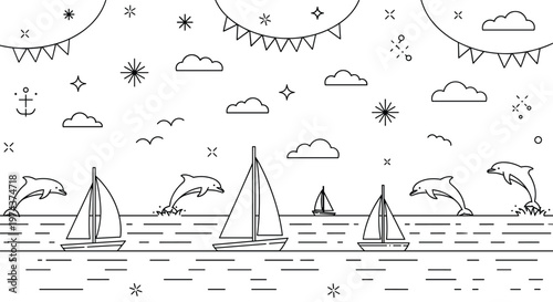 Extensive nautical landscape illustrated in line art featuring sailboats, jumping dolphins, sun, clouds, and stars.