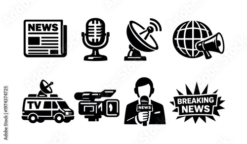 Media icons set featuring newspaper microphone satellite antenna in black and white vector silhouette