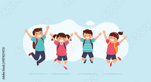 Group of four happy diverse children with backpacks jumping for joy on their way back to school or on a field trip.