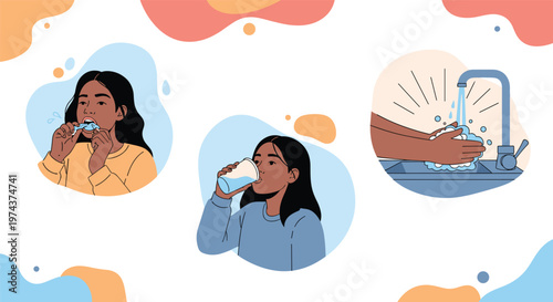Set of healthy habits illustrations showing a young girl brushing her teeth, drinking fresh water, and washing hands.