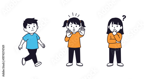 Group of three young children displays various facial expressions and moods including sadness, surprise, and deep thinking.