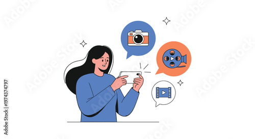 Young woman uses a tablet computer while floating digital icons for photography and video production appear around her.