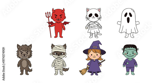 Large group of cute children wears various Halloween costumes including a devil, witch, ghost, and frankenstein.