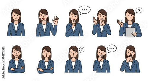Diverse icons show a professional businesswoman in different states of mind such as thinking, shushing, or working.