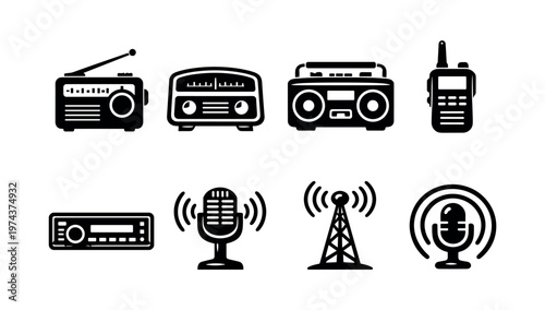 Vintage and modern radio device illustrations, silhouette style electronic vector icons