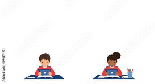 Boy and girl students sit at their desks while focusing on their studies using tablet computers and writing pens.