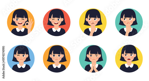 Series of icons features a young girl with various facial expressions from happy and winking to sad and worried.