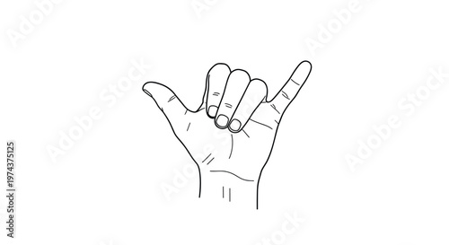 Simple black and white line drawing illustrates a hand making the shaka or hang loose gesture with thumb and pinky.