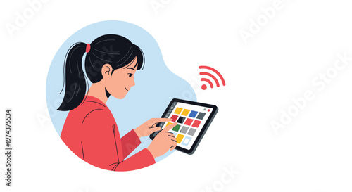 Young girl with a ponytail interacts with a tablet showing a colorful application grid and a wireless internet connection sign.