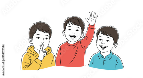 Three young boys display different expressions including a gesture for silence, raising a hand in class, and smiling happily.