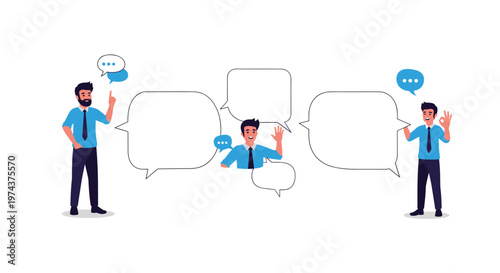 Professional businessmen in formal attire engage in communication with empty speech bubbles for customizable text or dialogue.
