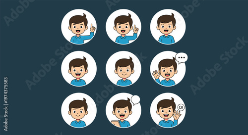 Young boy character avatars set shows a variety of emotional states and hand gestures like pointing, thinking, and okay sign.