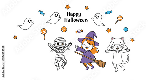 Cheerful children in Halloween costumes jump with joy among spooky elements like floating ghosts, colorful candies, and stars.