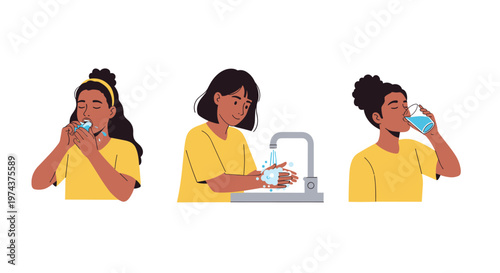 Sequence of three flat illustrations depicts a young girl practicing healthy habits like washing her face and drinking water.