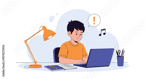 Young boy focuses on his schoolwork using a laptop at a desk equipped with a lamp, notebooks, and various writing tools.